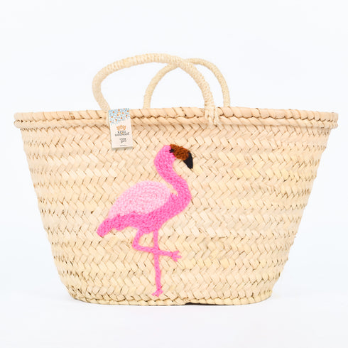 Flamingo Embroidered Basket 🦩- Tropical Handwoven Summer Tote